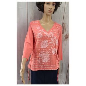 Sunset Cove 100% Cotton V-Neck 3/4 Sleeve Pullover Top Ruched Side Drawstring L